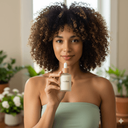 a curly girl holding serum
