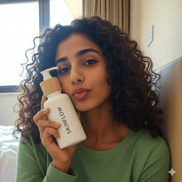 curly woman with lotion